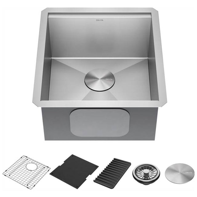 Delta Faucet - RivetE 17'' Workstation Bar Prep Kitchen Sink Undermount 16 Gauge Stainless Steel Single Bowl with WorkFlowE Ledge and Accessories