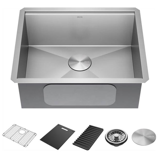 Delta Faucet - RivetE 23'' Workstation Kitchen Sink Undermount 16 Gauge Stainless Steel Single Bowl with WorkFlowE Ledge and Accessories