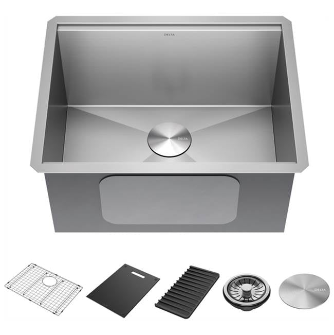Delta Faucet - RivetE 24'' Workstation Laundry Utility Kitchen Sink Undermount 16 Gauge Stainless Steel Single Bowl with WorkFlowE Ledge and Accessories