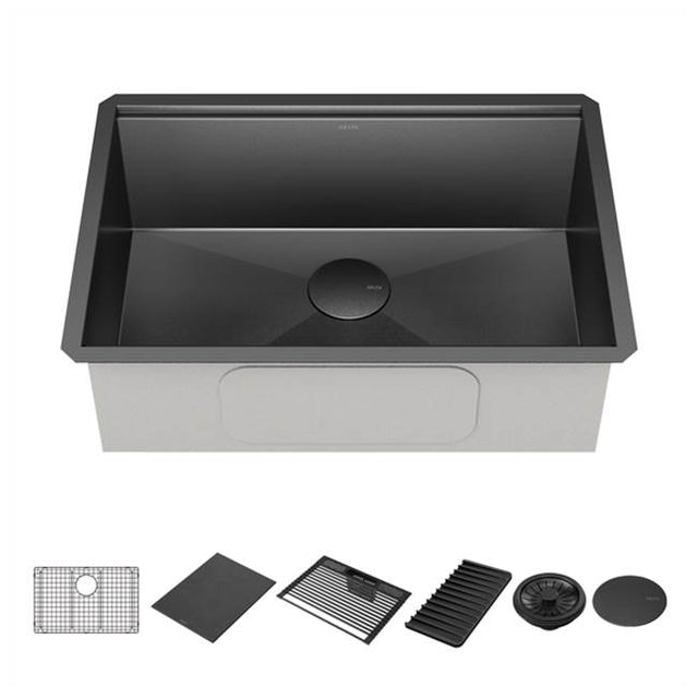 Delta Faucet - RivetE 27'' Workstation Kitchen Sink Undermount 16 Gauge Stainless Steel Single Bowl in PVD Gunmetal Finish with WorkFlowE Ledge and Accessories
