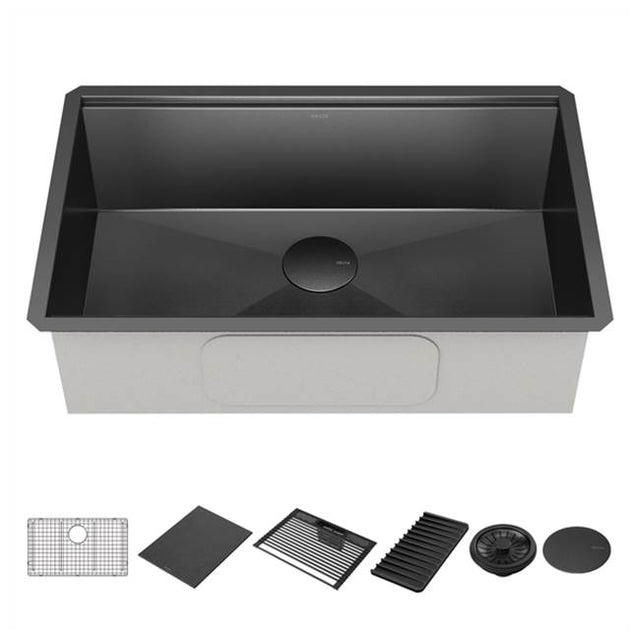 Delta Faucet - RivetE 30'' Workstation Kitchen Sink Undermount 16 Gauge Stainless Steel Single Bowl in PVD Gunmetal Finish with WorkFlowE Ledge and Accessories