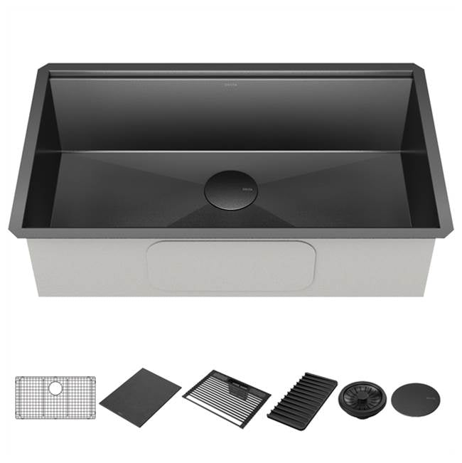 Delta Faucet - RivetE 32'' Workstation Kitchen Sink Undermount 16 Gauge Stainless Steel Single Bowl in PVD Gunmetal Finish with WorkFlowE Ledge and Accessories