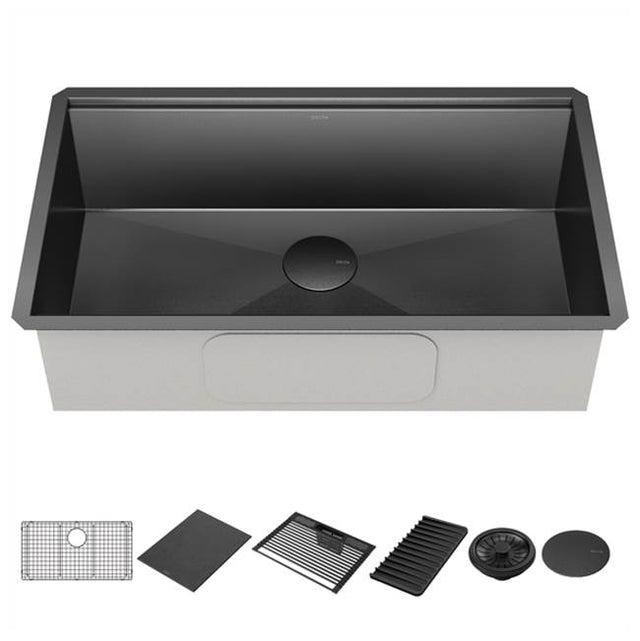 Delta Faucet - RivetE 32'' Workstation Kitchen Sink Undermount 16 Gauge Stainless Steel Single Bowl in PVD Gunmetal Finish with WorkFlowE Ledge and Accessories