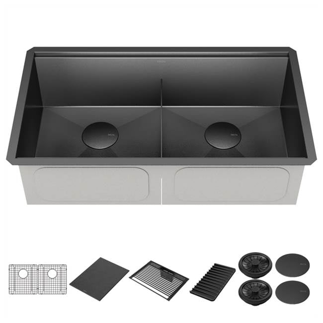 Delta Faucet - RivetE 33'' Workstation Kitchen Sink Undermount 16 Gauge Stainless Steel Double Bowl in PVD Gunmetal Finish with WorkFlowE Ledge and Accessories