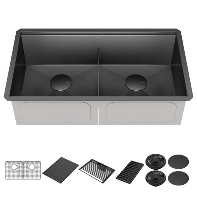 Delta Faucet - RivetE 33'' Workstation Kitchen Sink Undermount 16 Gauge Stainless Steel Double Bowl in PVD Gunmetal Finish with WorkFlowE Ledge and Accessories