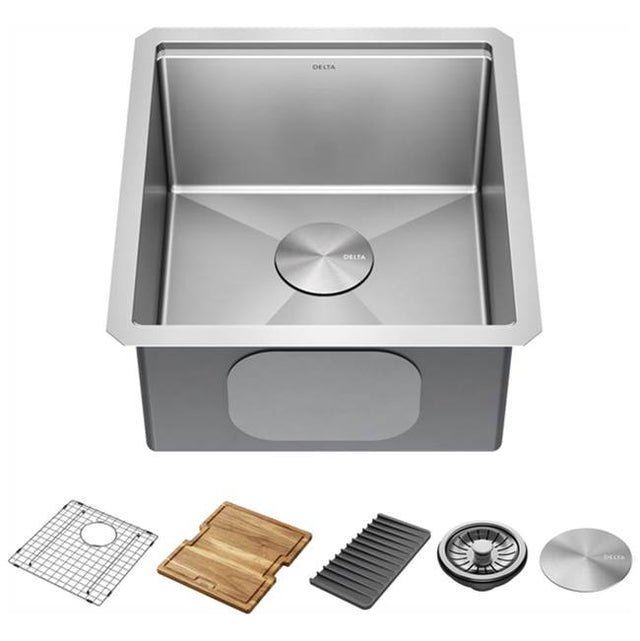 Delta Faucet - LorelaiE 17'' Workstation Bar Prep Kitchen Sink Undermount 16 Gauge Stainless Steel Single Bowl with WorkFlowE Ledge and Accessories