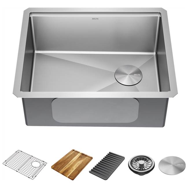 Delta Faucet - LorelaiE 23'' Workstation Kitchen Sink Undermount 16 Gauge Stainless Steel Single Bowl with WorkFlowE Ledge and Accessories