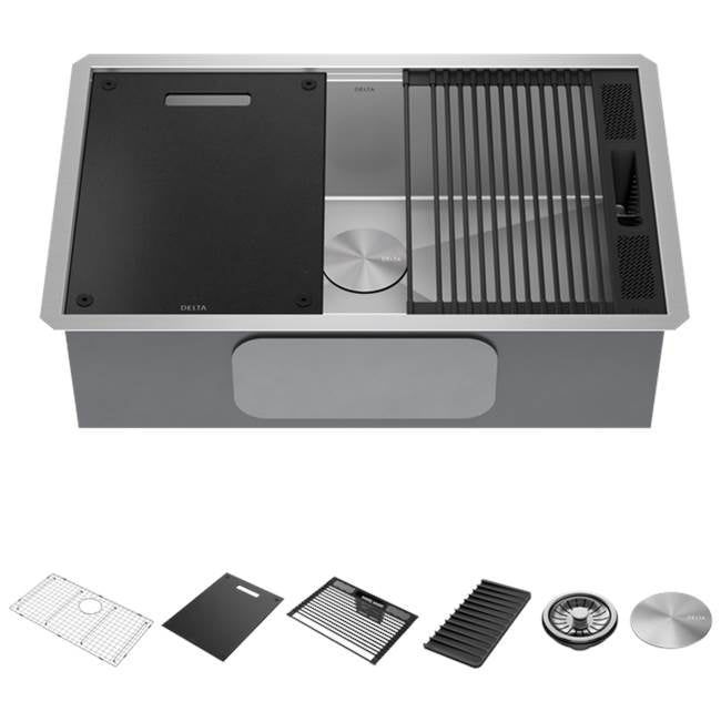 Delta Faucet - RivetE 30'' Workstation Kitchen Sink Undermount 16 Gauge Stainless Steel Single Bowl with WorkFlowE Ledge and Accessories