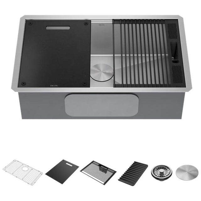 Delta Faucet - RivetE 30'' Workstation Kitchen Sink Undermount 16 Gauge Stainless Steel Single Bowl with WorkFlowE Ledge and Accessories