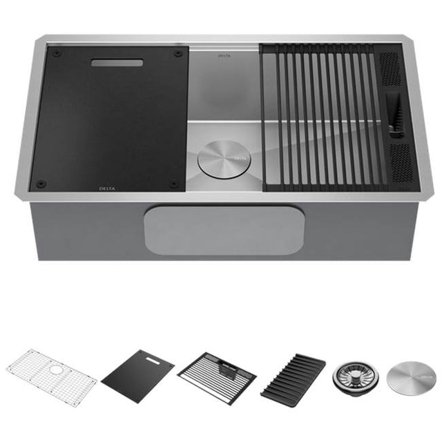 Delta Faucet - RivetE 32'' Workstation Kitchen Sink Undermount 16 Gauge Stainless Steel Single Bowl with WorkFlowE Ledge and Accessories