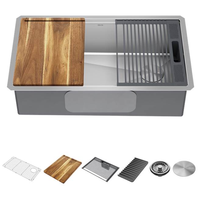 Delta Faucet - LorelaiE 32''  Workstation Kitchen Sink Undermount 16 Gauge Stainless Steel Single Bowl with WorkFlowE Ledge and Accessories