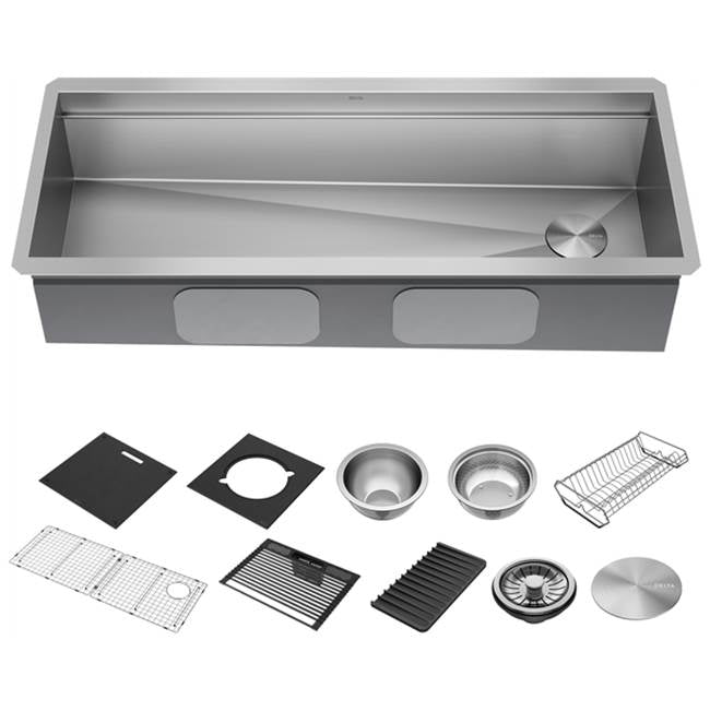 Delta Faucet - RivetE 45'' Workstation Kitchen Sink Undermount 16 Gauge Stainless Steel Single Bowl with 2-Tier WorkFlowE Ledge and Accessories