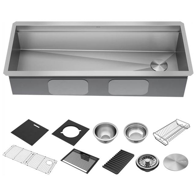 Delta Faucet - RivetE 45'' Workstation Kitchen Sink Undermount 16 Gauge Stainless Steel Single Bowl with 2-Tier WorkFlowE Ledge and Accessories