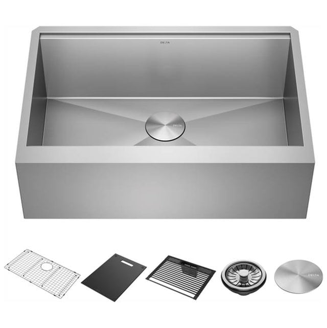 Delta Faucet - RivetE 30'' Workstation Farmhouse Apron Front Kitchen Sink Undermount 16 Gauge Stainless Steel Single Bowl with WorkFlowE Ledge and Accessories