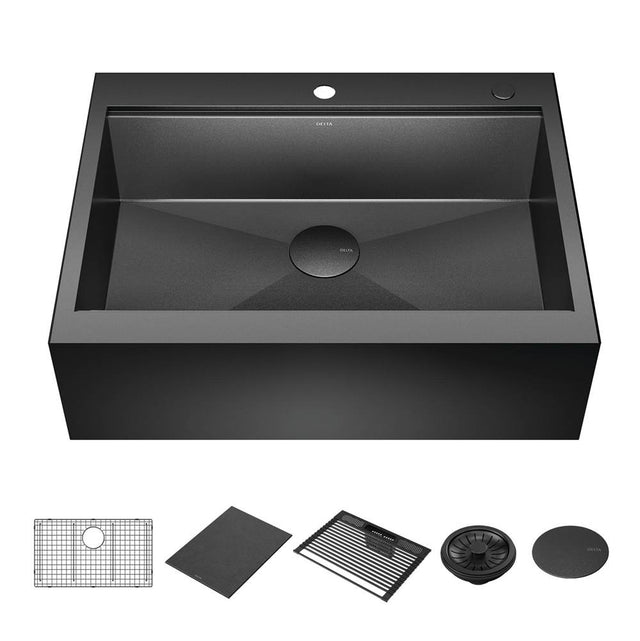 Delta Faucet - RivetE 30'' Workstation Kitchen Sink Farmhouse Apron Front 16 Gauge Stainless Steel Single Bowl in PVD Gunmetal Finish with WorkFlowE Ledge for Top Mount Drop-In Installation with Accessories