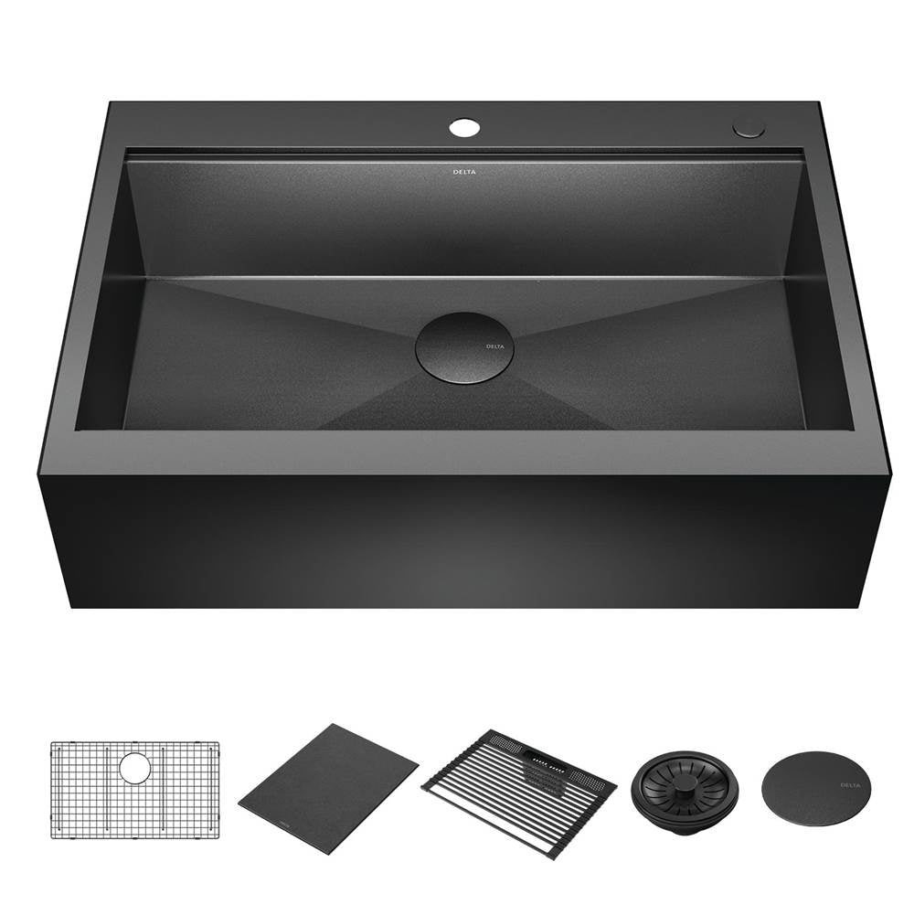 Delta Faucet - RivetE 33'' Workstation Kitchen Sink Farmhouse Apron Front 16 Gauge Stainless Steel Single Bowl in PVD Gunmetal Finish with WorkFlowE Ledge for Top Mount Drop-In Installation with Accessories