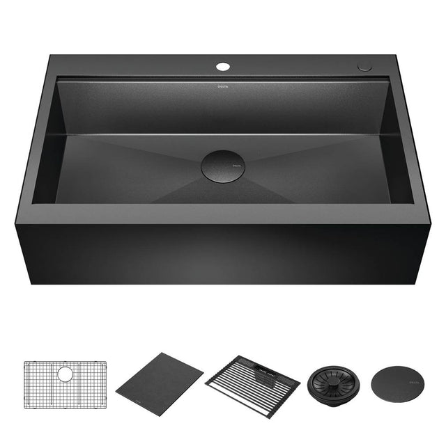 Delta Faucet - RivetE 36'' Workstation Kitchen Sink Farmhouse Apron Front 16 Gauge Stainless Steel Single Bowl in PVD Gunmetal Finish with WorkFlowE Ledge for Top Mount Drop-In Installation with Accessories