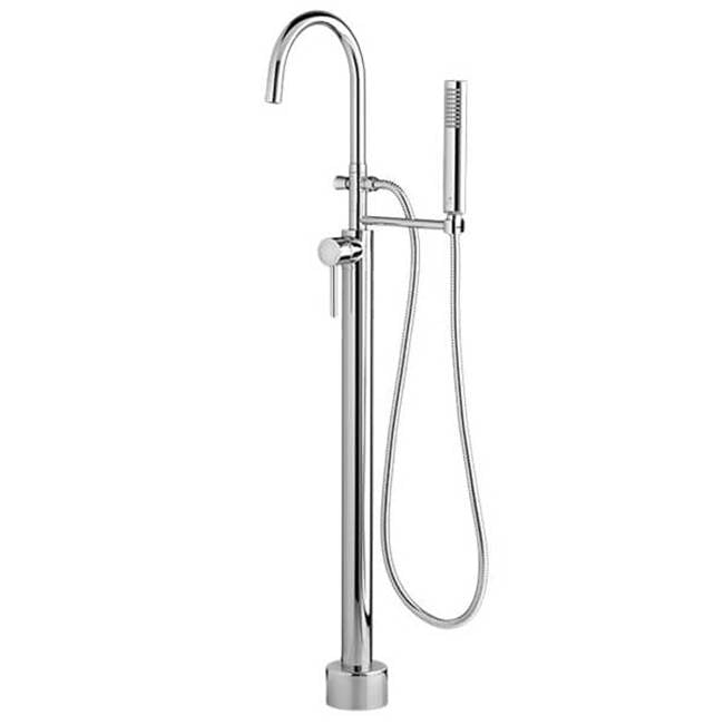 DXV - Equility Round Floor Mount Bathtub Filler with Hand Shower and Lever Handle - Platinum Nickel