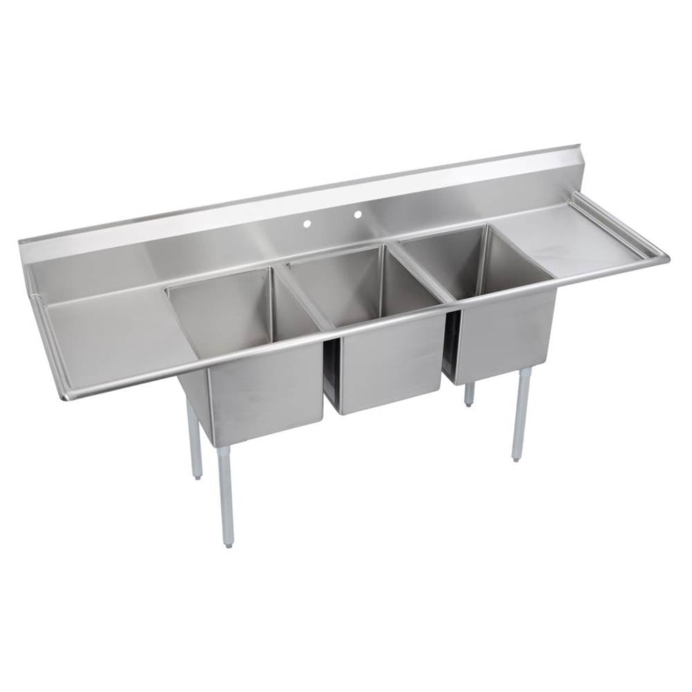 Elkay - 3 Compartment Sink, 106X30 OA, 18X24 Bowl, 12 Deep, L & R 24'' DBs, SS Legs, 16 GA 300 Series SS, NSF - No.4 Finish