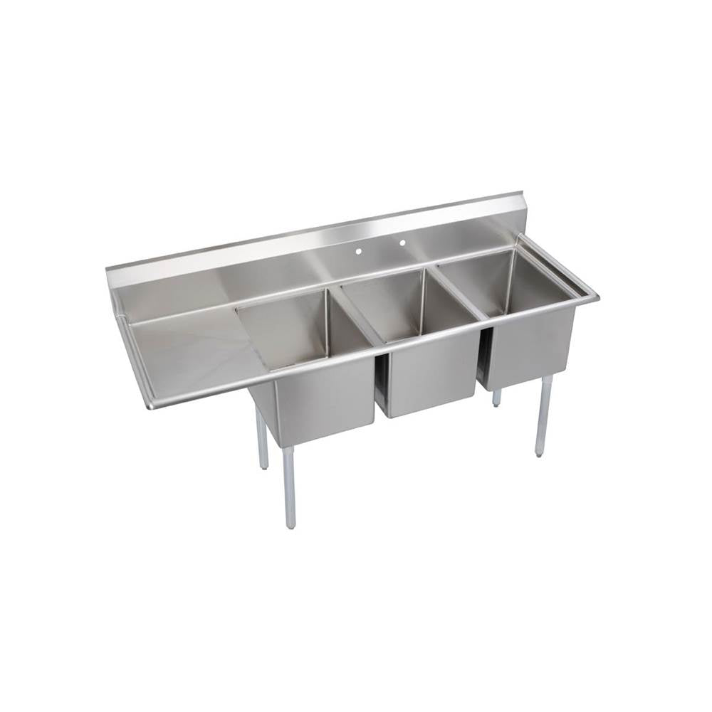 Elkay - 3 Compartment Sink, 73X26 OA, 16X20 Bowl, 14 Deep, Left 18'' DB, SS Legs, 16 GA 300 Series SS, NSF - No.4 Finish