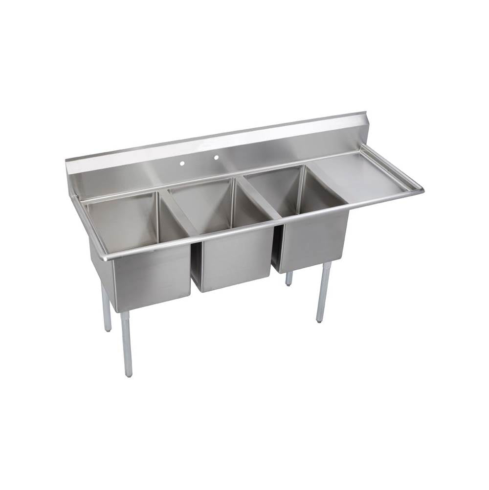 Elkay - 3 Compartment Sink, 73X26 OA, 16X20 Bowl, 14 Deep, Right 18'' DBs, SS Legs, 16 GA 300 Series SS, NSF - No.4 Finish