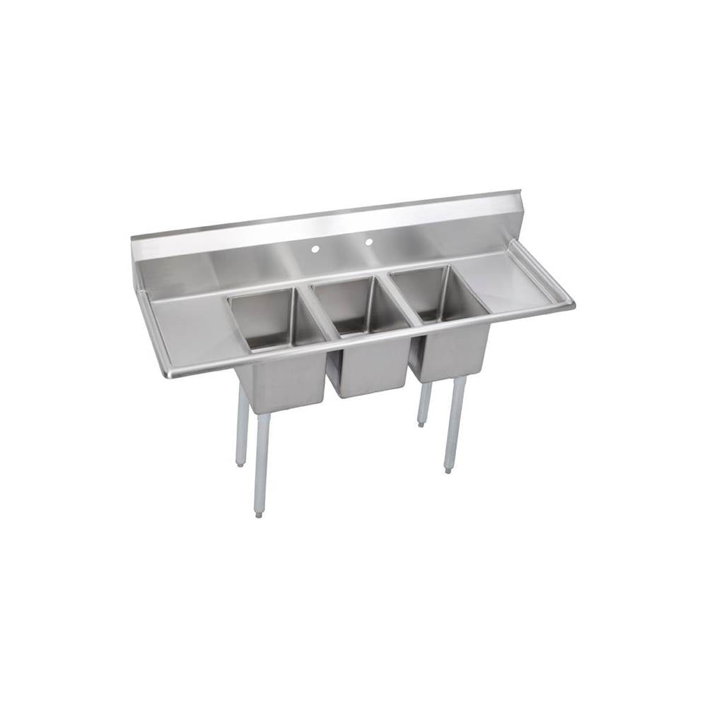 Elkay - 3 Compartment Sink, 64X22 OA, 12X16 Bowl, 10 Deep, L & R 12 DBs, SS Legs, 16 GA 300 Series SS, NSF - No.4 Finish