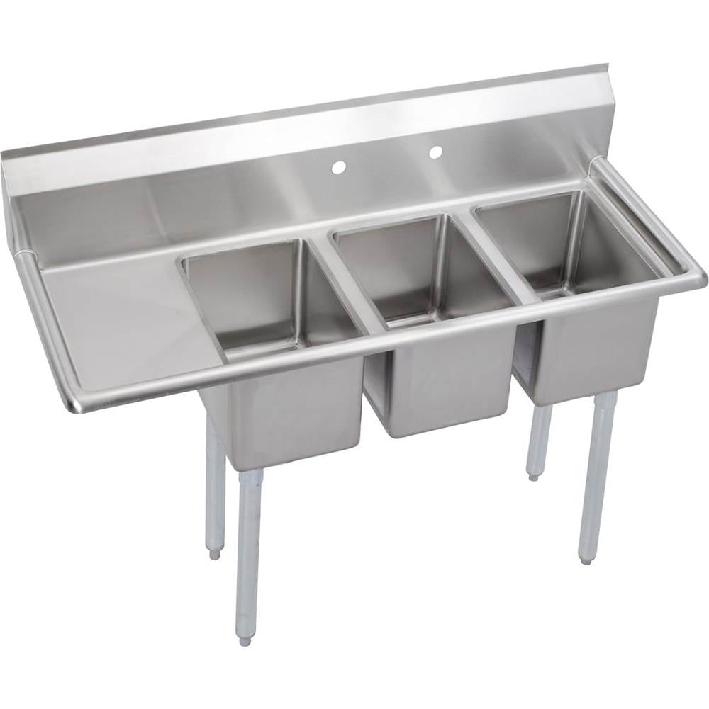 Elkay - 3 Compartment Sink, 49X20 OA, 10X14 Bowl, 10 Deep, Left 12 DBs, SS Legs, 16 GA 300 Series SS, NSF - No.4 Finish