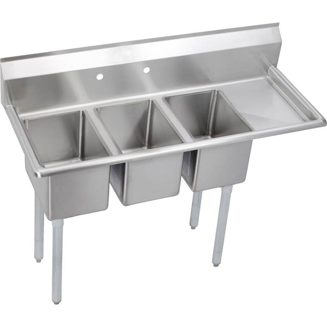 Elkay - 3 Compartment Sink, 49X20 OA, 10X14 Bowl, 10 Deep, Right 12 DBs, SS Legs, 16 GA 300 Series SS, NSF - No.4 Finish
