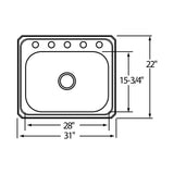 20 Gauge Stainless Steel 31'' x 22'' x 6.875'' Single Bowl Drop-in Kitchen Sink