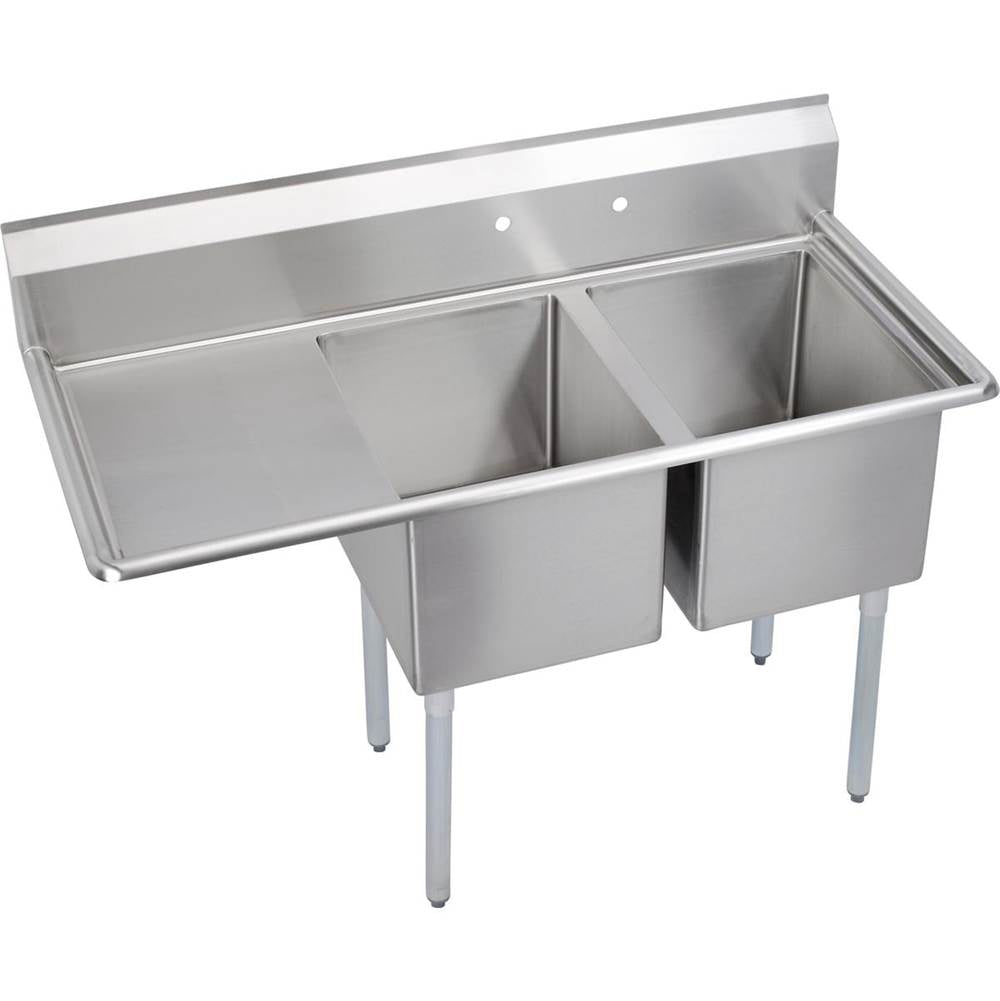 Elkay - 2 Compartment Sink, 55X26 OA, 16X20 Bowl, 12 Deep, Left 18'' DB, SS Legs, 18 GA 300 Series SS, NSF - No.4 Finish