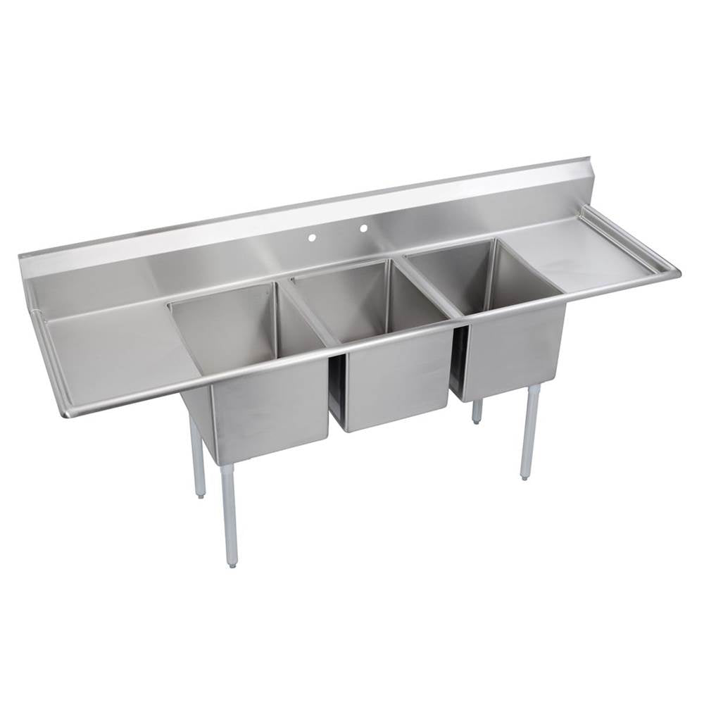 Elkay - 3 Compartment Sink, 88X26 OA, 16X20 Bowl, 12 Deep, L & R 18'' DBs, SS Legs, 18 GA 300 Series SS, NSF - No.4 Finish