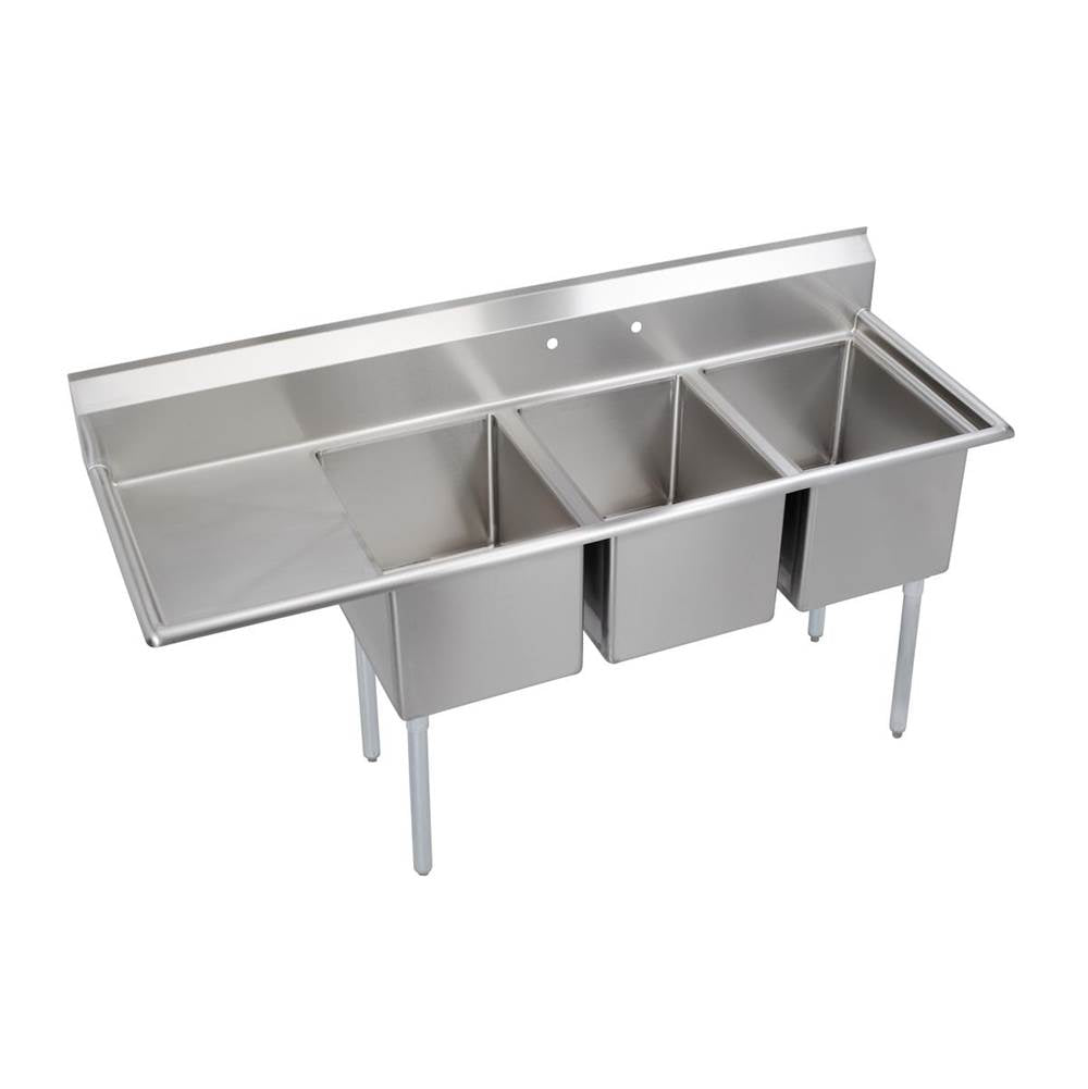 Elkay - 3 Compartment Sink, 73X26 OA, 16X20 Bowl, 12 Deep, Left 18'' DB, SS Legs, 18 GA 300 Series SS, NSF - No.4 Finish