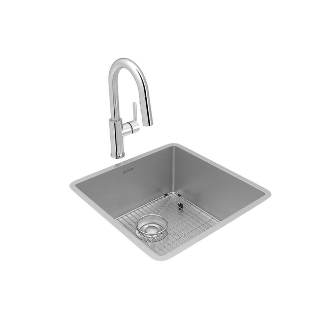 Elkay - Crosstown 18 Gauge Stainless Steel 18-1/2'' x 18-1/2'' x 9'', Single Bowl Undermount Sink, Faucet, Bottom Grid & Drain Kit - Polished Satin