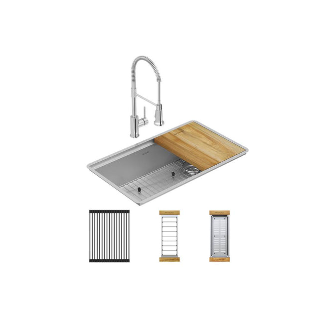 Elkay - Crosstown 18 Gauge Workstation Stainless Steel, 31-1/2'' x 18-1/2'' x 9'' Single Bowl Undermount Sink & Faucet Kit - Polished Satin