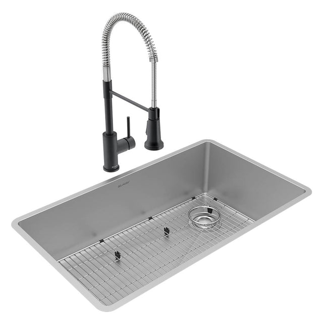 Elkay - Crosstown 18 Gauge Stainless Steel 31-1/2'' x 18-1/2'' x 9'', Single Bowl Undermount Sink, Faucet, Bottom Grid & Drain Kit - Polished Satin