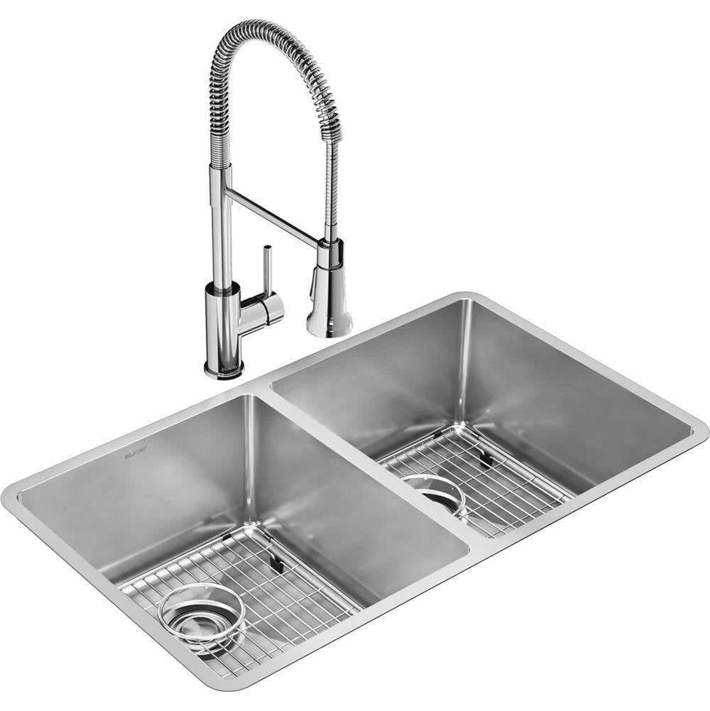 Elkay - 18 Gauge Stainless Steel 31.5'' x 18.5'' x 9'' 50/50 Double Bowl Undermount Kit with Faucet - Polished Satin
