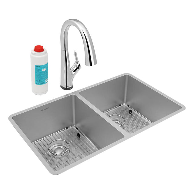 Elkay - Crosstown 18 Gauge Stainless Steel 31-1/2'' x 18-1/2'' x 9'', Equal Double Bowl Undermount Sink Kit with Filtered Faucet - Stainless Steel