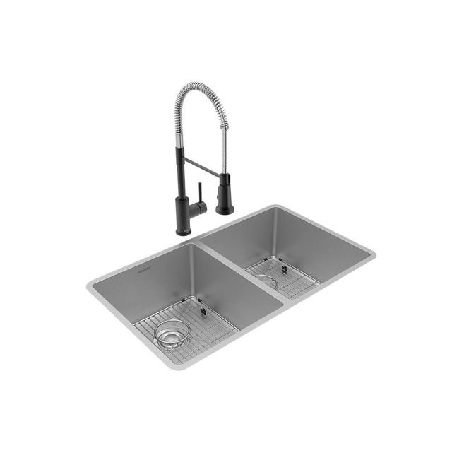 Elkay - Crosstown 18 Gauge Stainless Steel 31-1/2'' x 18-1/2'' x 9'', Equal Double Bowl Undermount Sink, Faucet, Bottom Grid & Drain Kit - Polished Satin