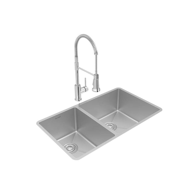 Elkay - Crosstown 18 Gauge Stainless Steel 31-1/2'' x 18-1/2'' x 9'', 40/60 Double Bowl Undermount Sink, Faucet & Drain Kit - Polished Satin
