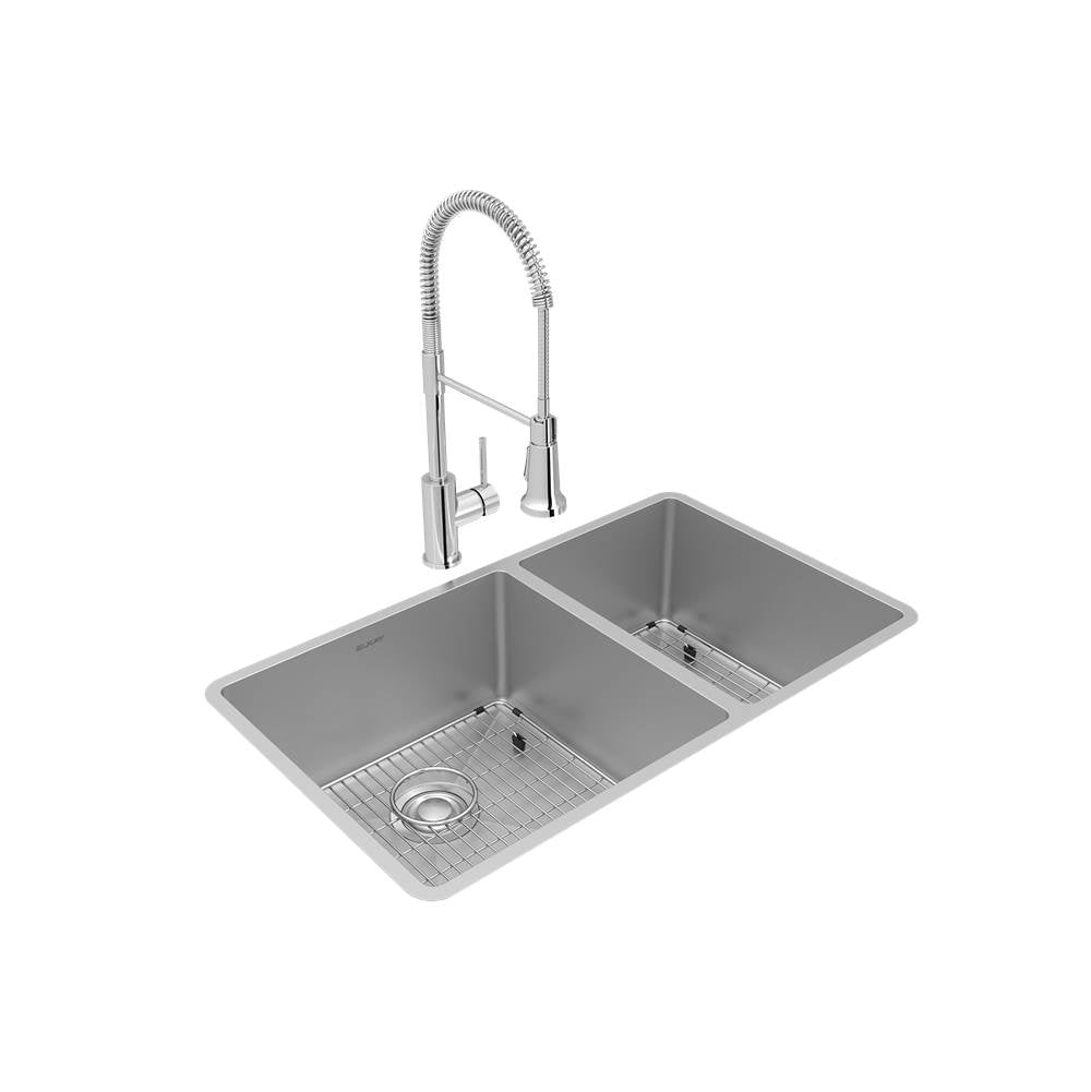 Elkay - Crosstown 18 Gauge Stainless Steel 31-1/2'' x 18-1/2'' x 9'', 60/40 Double Bowl Undermount Sink, Faucet, Bottom Grid & Drain Kit - Polished Satin