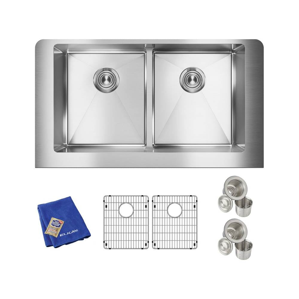 18 Gauge Stainless Steel 31.5'' x 20.25'' x 9''  50/50 Double Bowl Apron Front Aqua Divide Undermount Kit