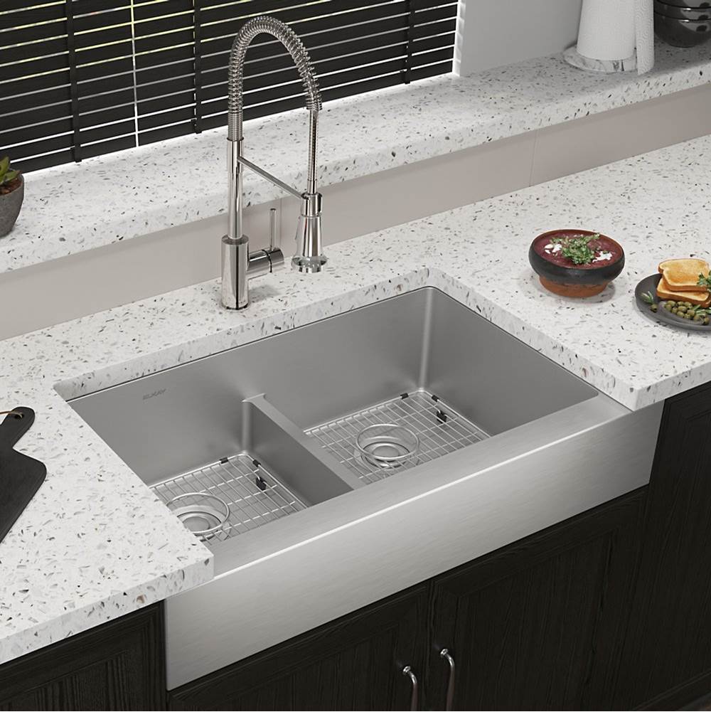 Crosstown 18 Gauge Stainless Steel 35-7/8'' x 20-1/4'' x 9'', Equal Double Bowl Farmhouse Sink, Faucet, Bottom Grid & Drain Kit with Aqua Divide