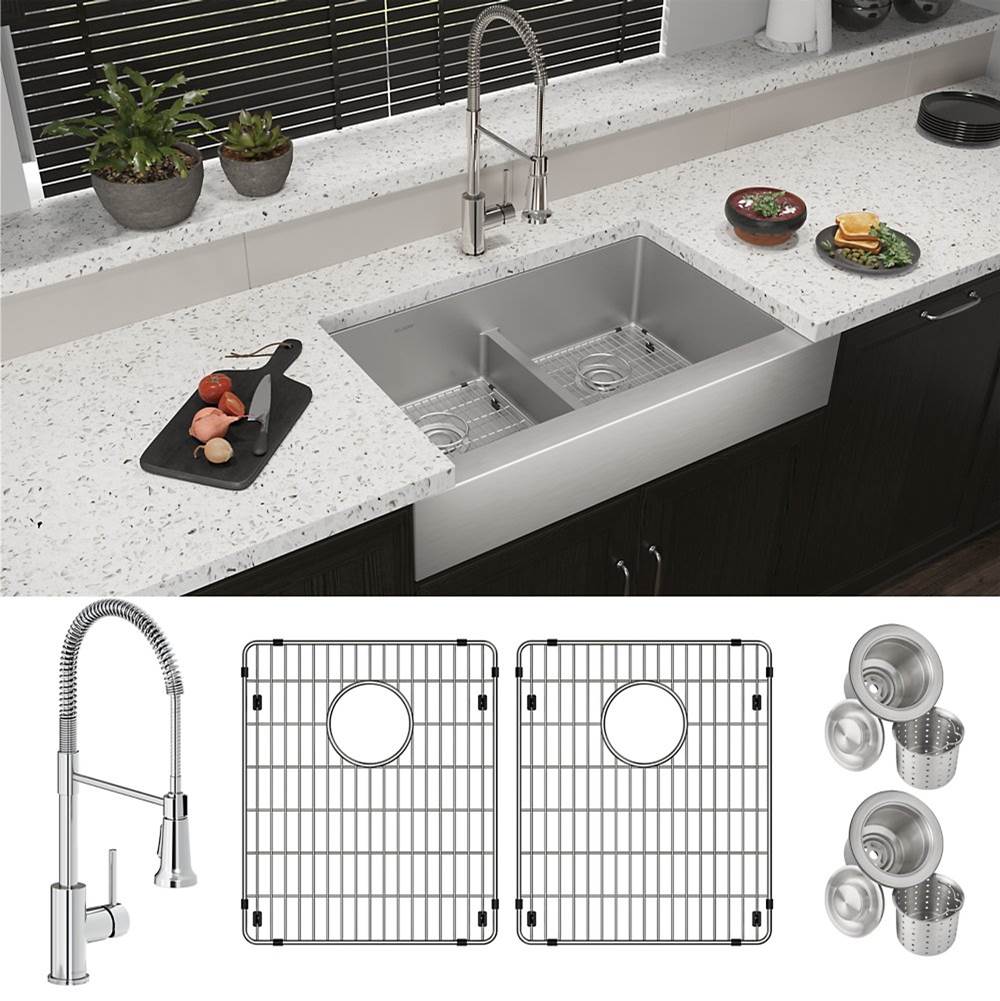 Crosstown 18 Gauge Stainless Steel 35-7/8'' x 20-1/4'' x 9'', Equal Double Bowl Farmhouse Sink, Faucet, Bottom Grid & Drain Kit with Aqua Divide