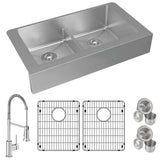 Crosstown 18 Gauge Stainless Steel 35-7/8'' x 20-1/4'' x 9'', Equal Double Bowl Farmhouse Sink, Faucet, Bottom Grid & Drain Kit with Aqua Divide
