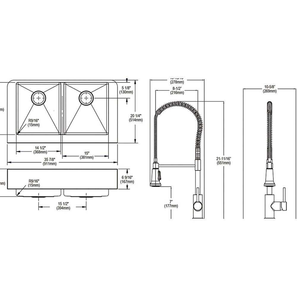 Crosstown 18 Gauge Stainless Steel 35-7/8'' x 20-1/4'' x 9'', Equal Double Bowl Farmhouse Sink, Faucet, Bottom Grid & Drain Kit with Aqua Divide