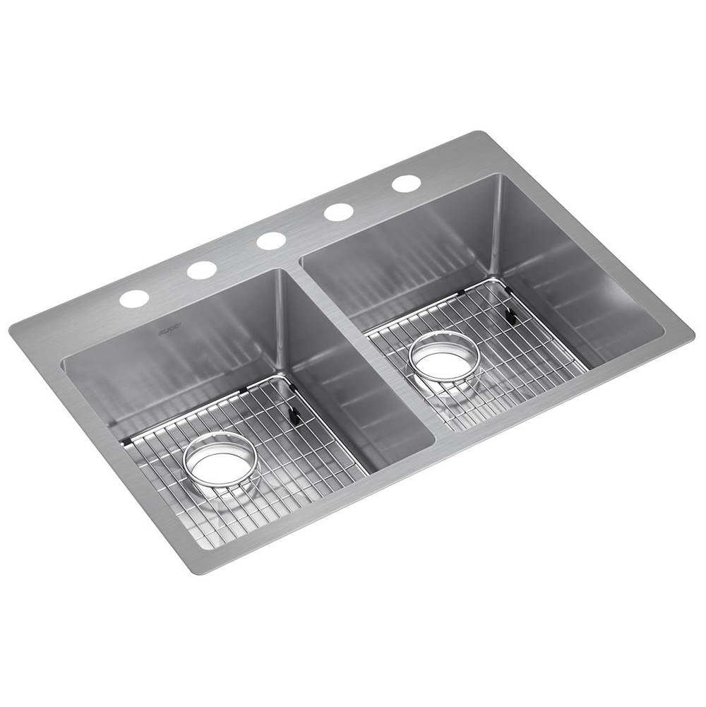 Elkay - 18 Gauge Stainless Steel 33'' x 22'' x 9'' Double Bowl Dual Mount Kitchen Sink Kit - Polished Satin