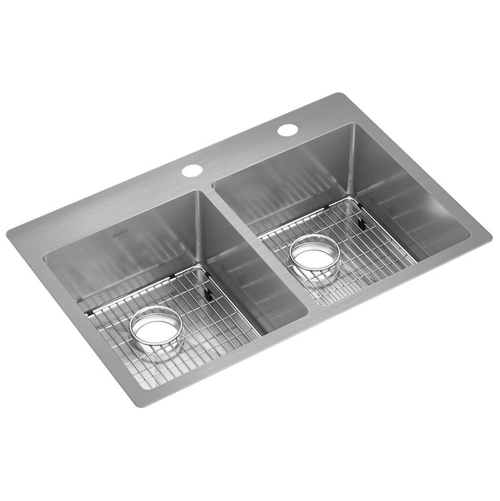 Elkay - 18 Gauge Stainless Steel 33'' x 22'' x 9'' Double Bowl Dual Mount Kitchen Sink Kit - Polished Satin