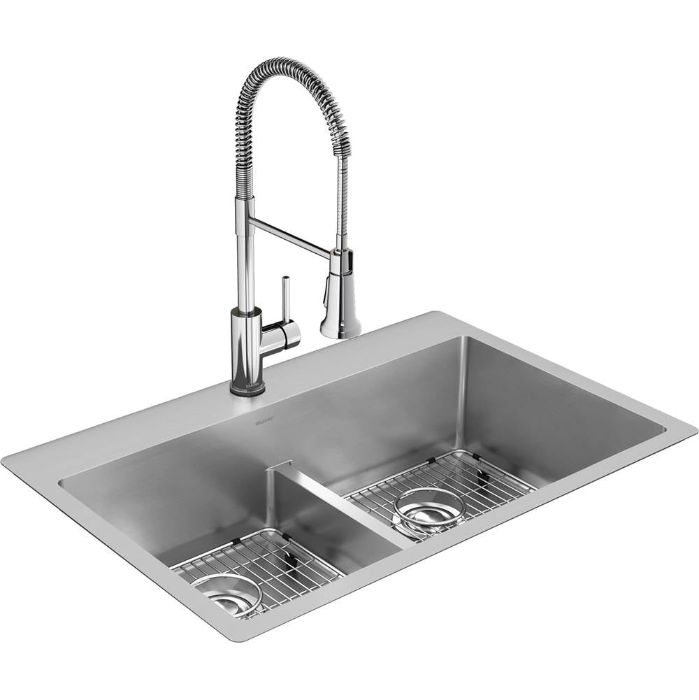 Elkay - 18 Gauge Stainless Steel 33'' x 22'' x 9'' Double Bowl Dual Mount Kitchen Sink Kit with Faucet - Polished Satin