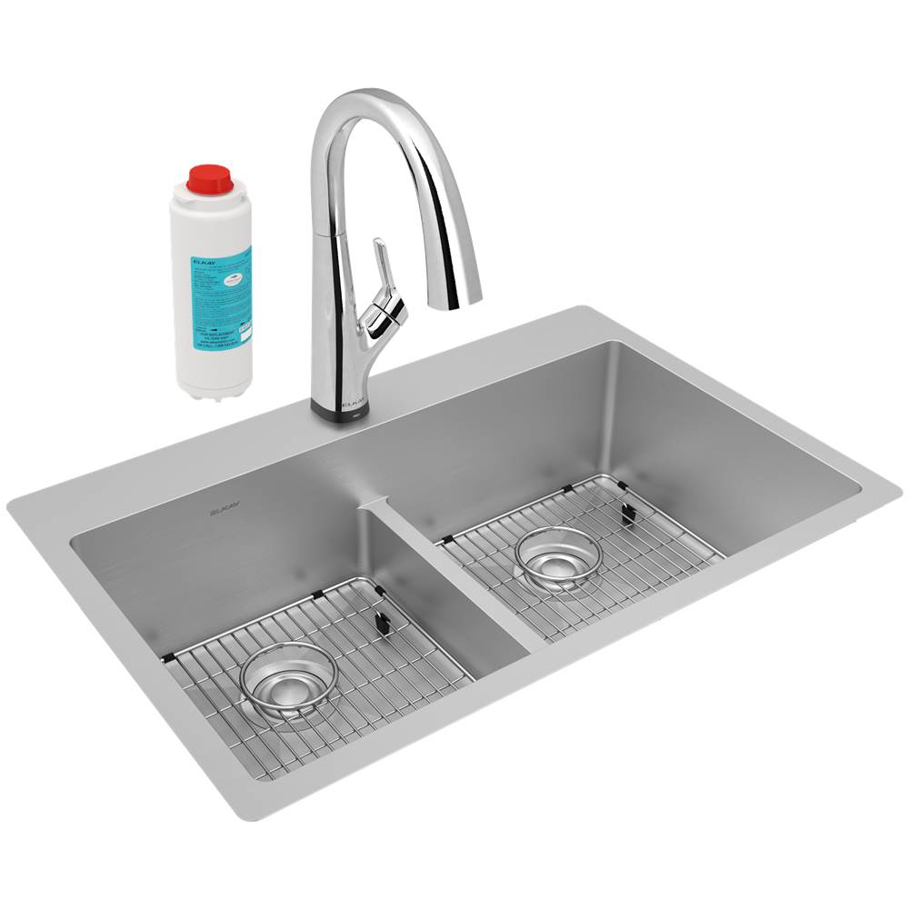Elkay - Crosstown 18 Gauge Stainless Steel 33'' x 22'' x 9'', Equal Double Bowl Dual Mount Sink Kit with Filtered Faucet with Aqua Divide - Stainless Steel