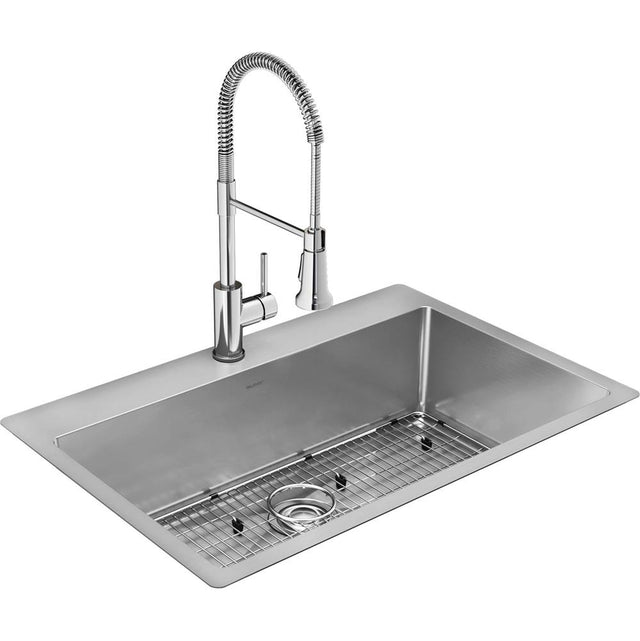 Elkay - 18 Gauge Stainless Steel 33'' x 22'' x 9'' Double Bowl Dual Mount Kitchen Sink Kit with Faucet - Polished Satin